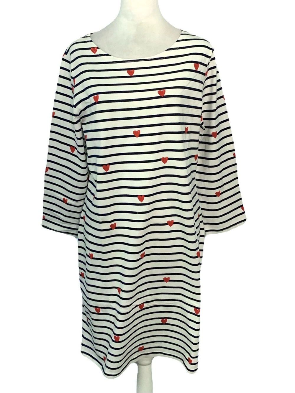 NWT Joules Size 12 Navy & White Striped Cotton Shift Dress with Red Heart Print